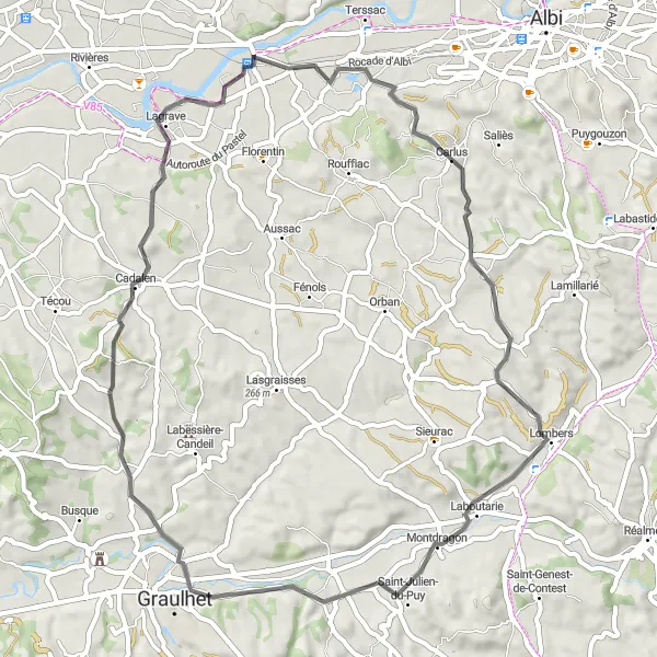 Miniaturní mapa "Kopcům naproti" inspirace pro cyklisty v oblasti Midi-Pyrénées, France. Vytvořeno pomocí plánovače tras Tarmacs.app