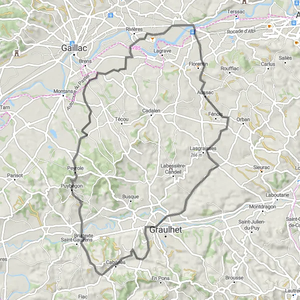 Miniaturní mapa "Okruh kolem Marssac-sur-Tarn" inspirace pro cyklisty v oblasti Midi-Pyrénées, France. Vytvořeno pomocí plánovače tras Tarmacs.app