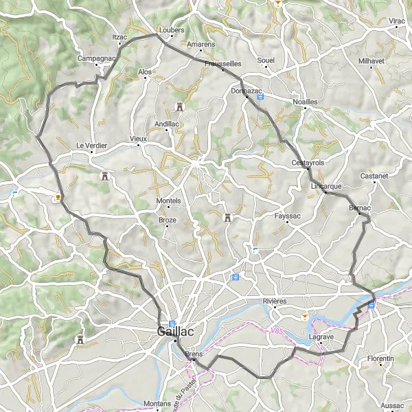 Miniaturní mapa "Cyklistická stezka směrem Gaillac" inspirace pro cyklisty v oblasti Midi-Pyrénées, France. Vytvořeno pomocí plánovače tras Tarmacs.app