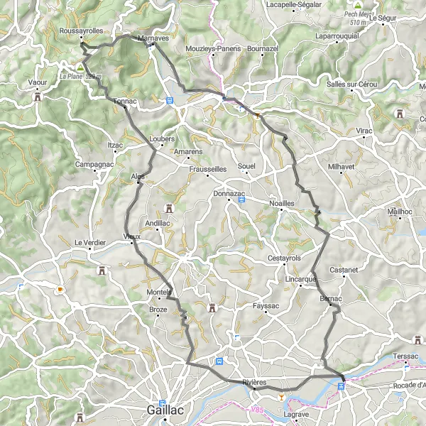 Zemljevid v pomanjšavi "Scenic Cycling Tour to Cordes-sur-Ciel" kolesarske inspiracije v Midi-Pyrénées, France. Generirano z načrtovalcem kolesarskih poti Tarmacs.app