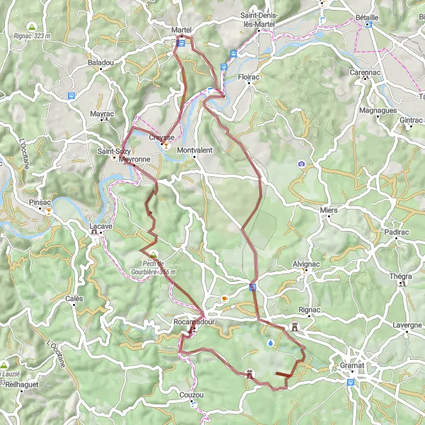 Miniatua del mapa de inspiración ciclista "Ruta de grava con vistas impresionantes" en Midi-Pyrénées, France. Generado por Tarmacs.app planificador de rutas ciclistas