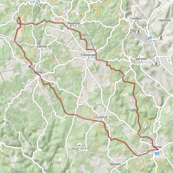 Mapa miniatúra "Gravel okolo Martel 3" cyklistická inšpirácia v Midi-Pyrénées, France. Vygenerované cyklistickým plánovačom trás Tarmacs.app