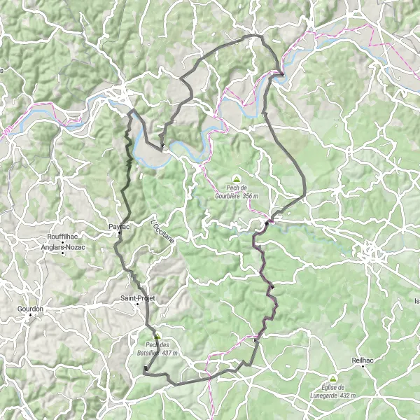Miniature de la carte de l'inspiration cycliste "Les Sentiers du Quercy" dans la Midi-Pyrénées, France. Générée par le planificateur d'itinéraire cycliste Tarmacs.app