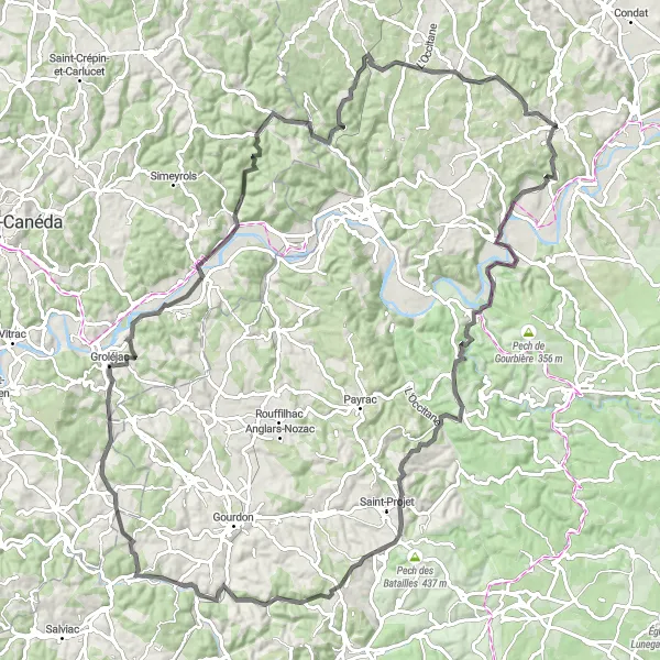 Map miniature of "Martel to Meyronne" cycling inspiration in Midi-Pyrénées, France. Generated by Tarmacs.app cycling route planner