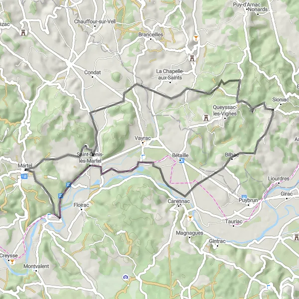 Miniature de la carte de l'inspiration cycliste "Les villages tranquilles du Quercy" dans la Midi-Pyrénées, France. Générée par le planificateur d'itinéraire cycliste Tarmacs.app