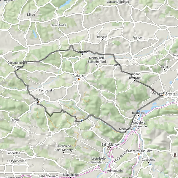 Miniature de la carte de l'inspiration cycliste "Les collines du Comminges" dans la Midi-Pyrénées, France. Générée par le planificateur d'itinéraire cycliste Tarmacs.app