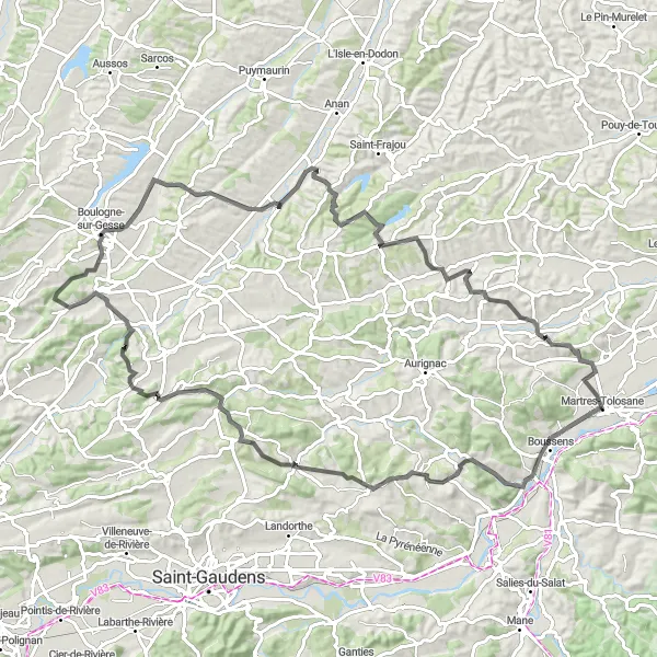 Kartminiatyr av "Martres-Tolosane til Montbernard sykkeltur" sykkelinspirasjon i Midi-Pyrénées, France. Generert av Tarmacs.app sykkelrutoplanlegger