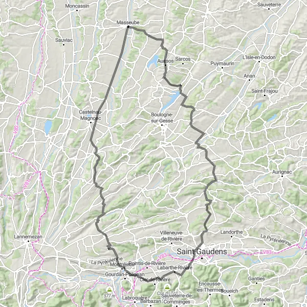 Mapa miniatúra "Členitá trasa cez Aussos, Péguilhan a ďalšie" cyklistická inšpirácia v Midi-Pyrénées, France. Vygenerované cyklistickým plánovačom trás Tarmacs.app