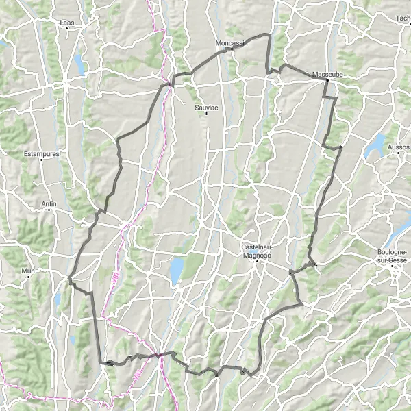 Miniatua del mapa de inspiración ciclista "Ruta de Monléon-Magnoac" en Midi-Pyrénées, France. Generado por Tarmacs.app planificador de rutas ciclistas