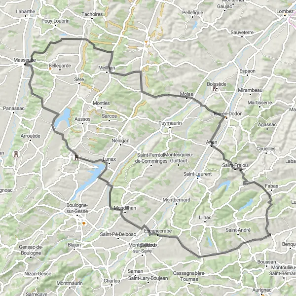 Mapa miniatúra "Cyklotrasa cez Villefranche-d'Astarac, Saint-Frajou a ďalšie" cyklistická inšpirácia v Midi-Pyrénées, France. Vygenerované cyklistickým plánovačom trás Tarmacs.app
