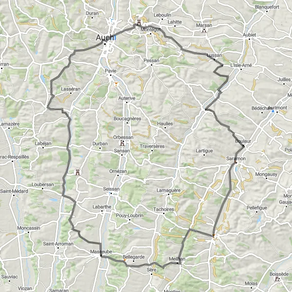 Mapa miniatúra "Oblasť Lourties-Monbrun a Castelnau-Barbarens" cyklistická inšpirácia v Midi-Pyrénées, France. Vygenerované cyklistickým plánovačom trás Tarmacs.app