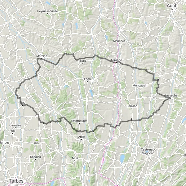 Kartminiatyr av "Esclassan-Labastide til Masseube sykkeltur" sykkelinspirasjon i Midi-Pyrénées, France. Generert av Tarmacs.app sykkelrutoplanlegger