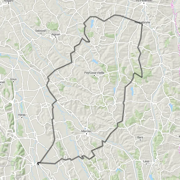 Miniaturní mapa "Okružní cyklistická trasa kolem Maubourguet (road)" inspirace pro cyklisty v oblasti Midi-Pyrénées, France. Vytvořeno pomocí plánovače tras Tarmacs.app