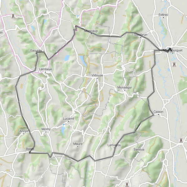 Miniatua del mapa de inspiración ciclista "Ruta escénica de 57 km en bicicleta de carretera" en Midi-Pyrénées, France. Generado por Tarmacs.app planificador de rutas ciclistas