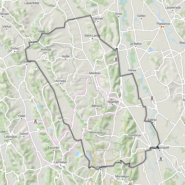 Kartminiatyr av "Maubourguet - Larreule - Corbère-Abères Loop" sykkelinspirasjon i Midi-Pyrénées, France. Generert av Tarmacs.app sykkelrutoplanlegger