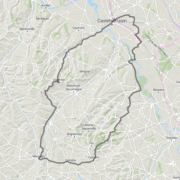 Map miniature of "Solomiac and Escatalens Circuit" cycling inspiration in Midi-Pyrénées, France. Generated by Tarmacs.app cycling route planner