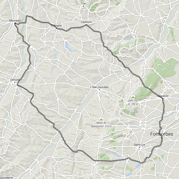 Miniatuurkaart van de fietsinspiratie "Avontuurlijke tocht door het heuvelachtige landschap" in Midi-Pyrénées, France. Gemaakt door de Tarmacs.app fietsrouteplanner