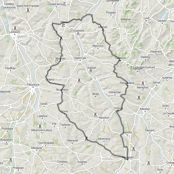 Miniaturní mapa "Cyklotrasa s historickými památkami" inspirace pro cyklisty v oblasti Midi-Pyrénées, France. Vytvořeno pomocí plánovače tras Tarmacs.app