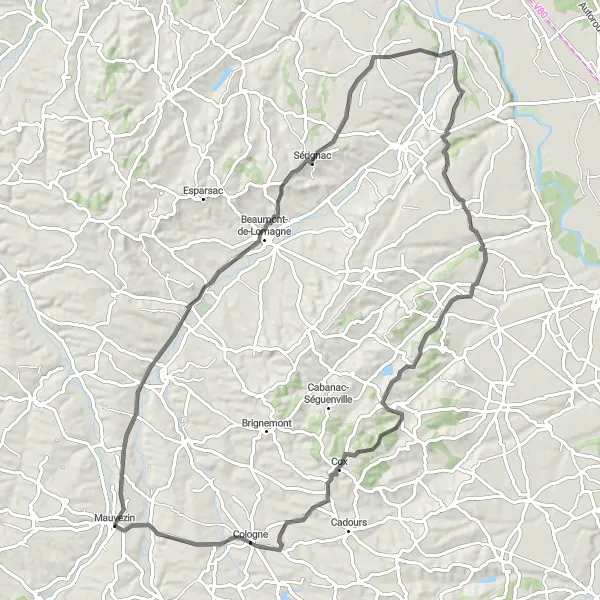 Mapa miniatúra "Cyklistická trasa cez Solomiac a Laréole" cyklistická inšpirácia v Midi-Pyrénées, France. Vygenerované cyklistickým plánovačom trás Tarmacs.app