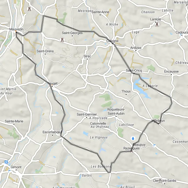 Mapa miniatúra "Okruh z Mauvezinu cez Cologne, Razengues a Touget" cyklistická inšpirácia v Midi-Pyrénées, France. Vygenerované cyklistickým plánovačom trás Tarmacs.app