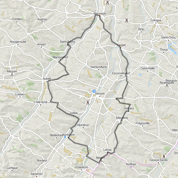 Mapa miniatúra "Cyklotrasa cez Touget a Blanquefort" cyklistická inšpirácia v Midi-Pyrénées, France. Vygenerované cyklistickým plánovačom trás Tarmacs.app