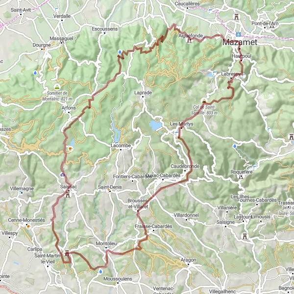 Mapa miniatúra "Gravelová trasa cez Les Martys" cyklistická inšpirácia v Midi-Pyrénées, France. Vygenerované cyklistickým plánovačom trás Tarmacs.app