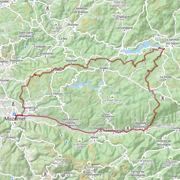 Kartminiatyr av "Grusvei eventyr i Midi-Pyrénées" sykkelinspirasjon i Midi-Pyrénées, France. Generert av Tarmacs.app sykkelrutoplanlegger