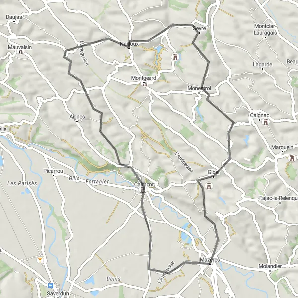 Map miniature of "Mazères to Château via Nailloux and Gibel" cycling inspiration in Midi-Pyrénées, France. Generated by Tarmacs.app cycling route planner