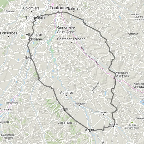 Map miniature of "Mazères to Toulouse via Canté, Caujac, and Eaunes" cycling inspiration in Midi-Pyrénées, France. Generated by Tarmacs.app cycling route planner