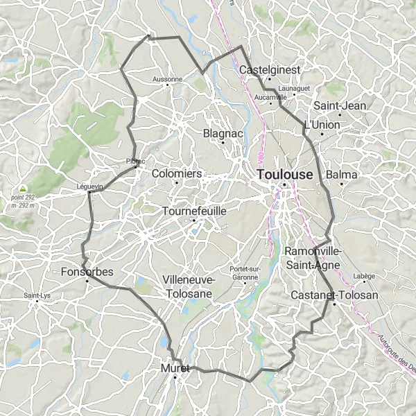 Zemljevid v pomanjšavi "Krožna pot od Merville (Midi-Pyrénées, Francija)" kolesarske inspiracije v Midi-Pyrénées, France. Generirano z načrtovalcem kolesarskih poti Tarmacs.app