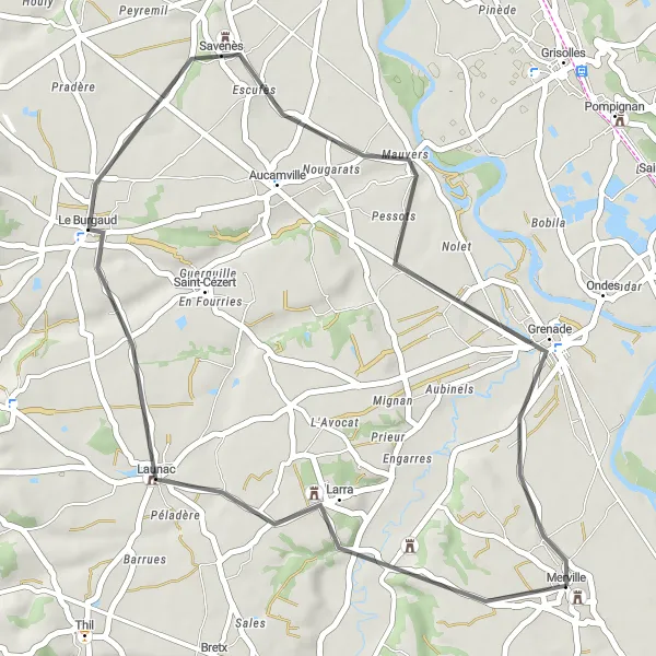 Zemljevid v pomanjšavi "Pitoreskna kolesarska pot Launac" kolesarske inspiracije v Midi-Pyrénées, France. Generirano z načrtovalcem kolesarskih poti Tarmacs.app