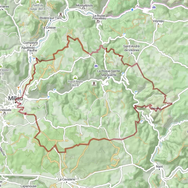 Miniatuurkaart van de fietsinspiratie "Gravelroute via Pouncho d'Agast en La Blaquière" in Midi-Pyrénées, France. Gemaakt door de Tarmacs.app fietsrouteplanner