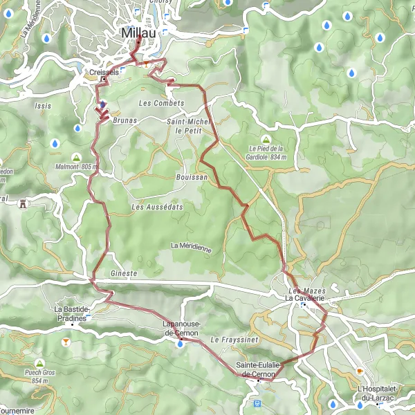 Mapa miniatúra "Gravelová jazda okolo La Graufesenque" cyklistická inšpirácia v Midi-Pyrénées, France. Vygenerované cyklistickým plánovačom trás Tarmacs.app