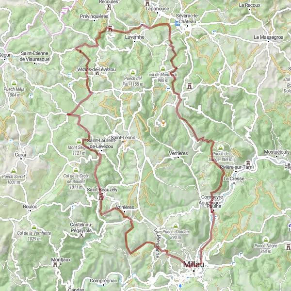 Mapa miniatúra "Gravel Okolo Millau" cyklistická inšpirácia v Midi-Pyrénées, France. Vygenerované cyklistickým plánovačom trás Tarmacs.app