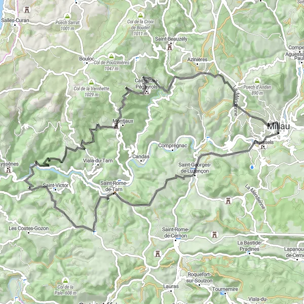 Miniaturní mapa "Silniční Trasa od Millau" inspirace pro cyklisty v oblasti Midi-Pyrénées, France. Vytvořeno pomocí plánovače tras Tarmacs.app