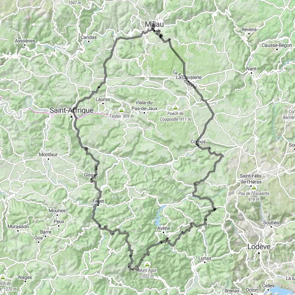 Mapa miniatúra "Náročná Trasa cez Millau" cyklistická inšpirácia v Midi-Pyrénées, France. Vygenerované cyklistickým plánovačom trás Tarmacs.app