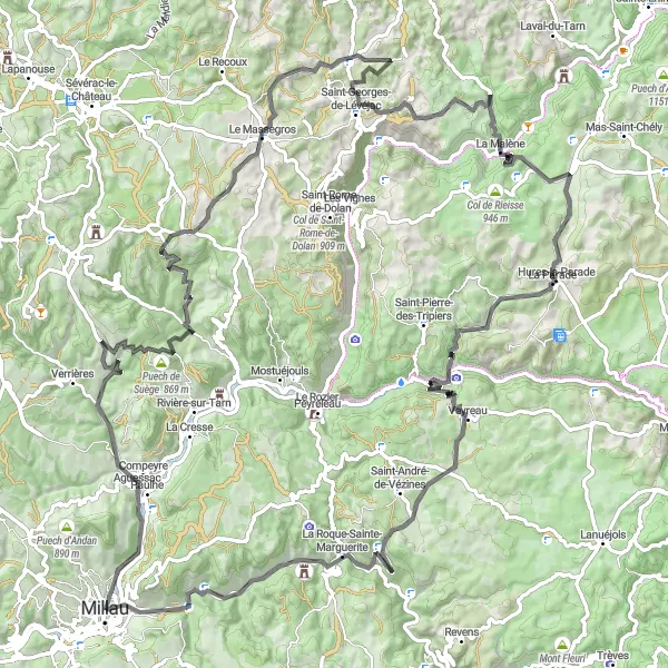 Miniature de la carte de l'inspiration cycliste "Les Gorges du Tarn en 125 km" dans la Midi-Pyrénées, France. Générée par le planificateur d'itinéraire cycliste Tarmacs.app