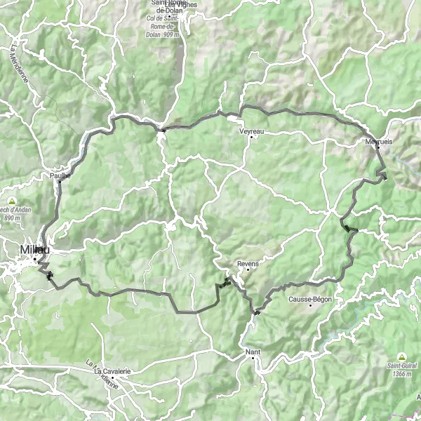 Map miniature of "The Gorges and Vultures Route" cycling inspiration in Midi-Pyrénées, France. Generated by Tarmacs.app cycling route planner