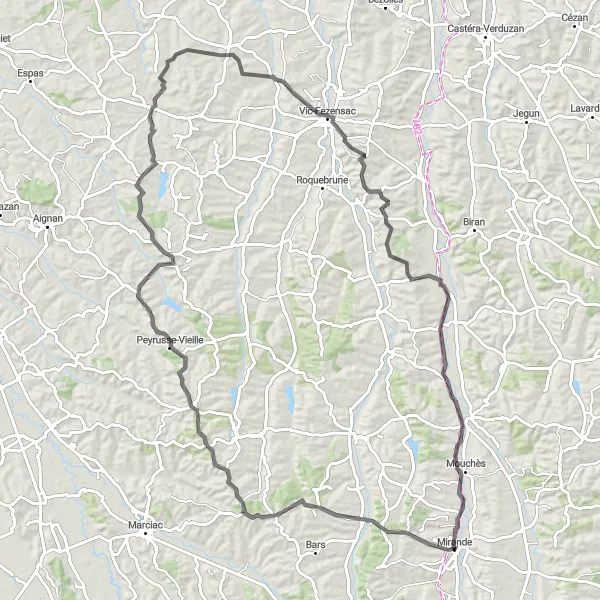 Miniatuurkaart van de fietsinspiratie "Avontuurlijke rit naar Vic-Fezensac en Le Brouilh-Monbert" in Midi-Pyrénées, France. Gemaakt door de Tarmacs.app fietsrouteplanner