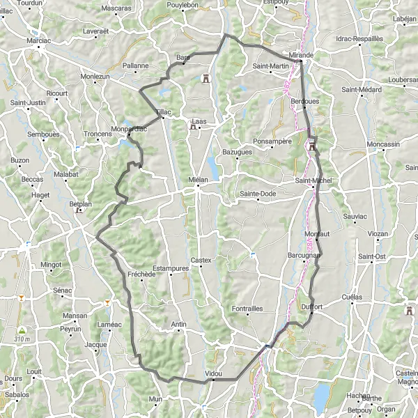 Zemljevid v pomanjšavi "Razburljiva cestna kolesarska pustolovščina v okolici Mirande" kolesarske inspiracije v Midi-Pyrénées, France. Generirano z načrtovalcem kolesarskih poti Tarmacs.app