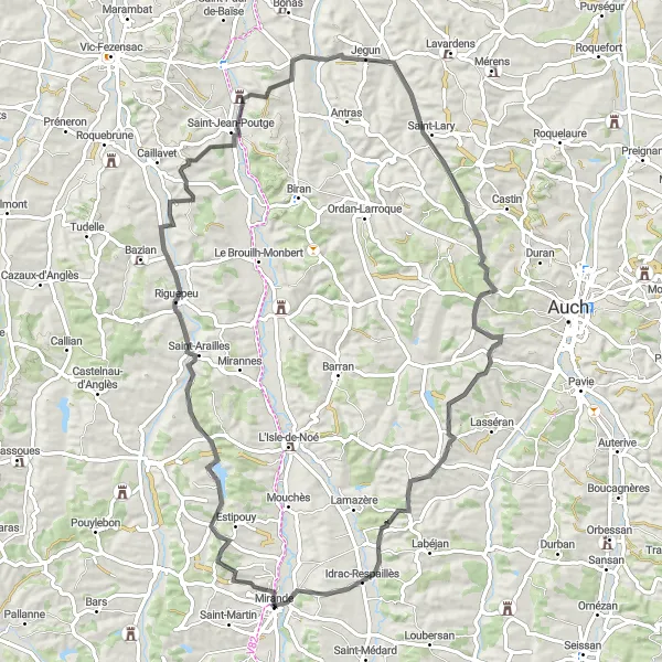 Kartminiatyr av "Mirande til Mirande Utfordrende" sykkelinspirasjon i Midi-Pyrénées, France. Generert av Tarmacs.app sykkelrutoplanlegger