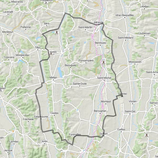 Zemljevid v pomanjšavi "Kolesarska pot okoli Mirande (71 km)" kolesarske inspiracije v Midi-Pyrénées, France. Generirano z načrtovalcem kolesarskih poti Tarmacs.app