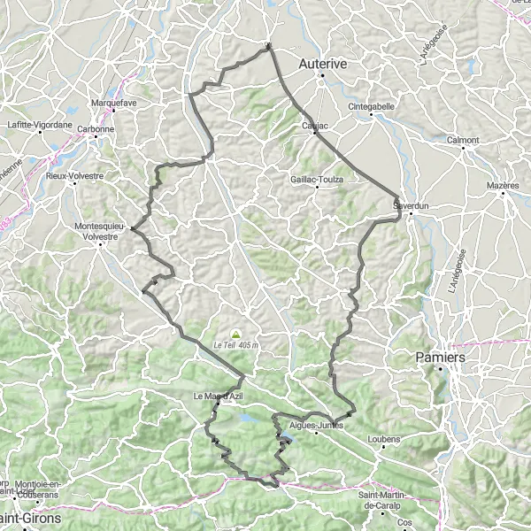 Map miniature of "Lagrâce-Dieu and Auribail Loop" cycling inspiration in Midi-Pyrénées, France. Generated by Tarmacs.app cycling route planner