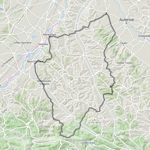 Miniatuurkaart van de fietsinspiratie "Heuvelachtige Roadtrip rond Miremont" in Midi-Pyrénées, France. Gemaakt door de Tarmacs.app fietsrouteplanner