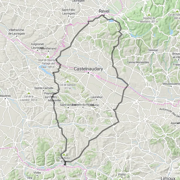 Map miniature of "Loop through Aude River Valley" cycling inspiration in Midi-Pyrénées, France. Generated by Tarmacs.app cycling route planner