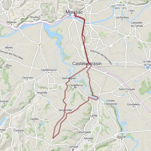 Map miniature of "Gravel Adventure to Garganvillar" cycling inspiration in Midi-Pyrénées, France. Generated by Tarmacs.app cycling route planner