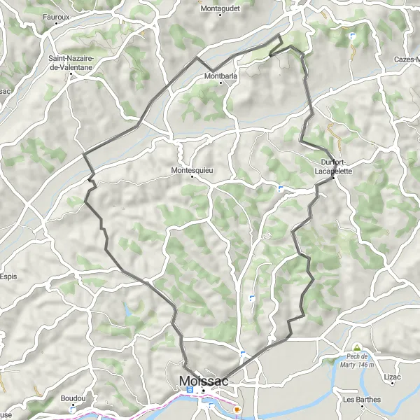 Miniatua del mapa de inspiración ciclista "Ruta de ciclismo de 47 km desde Moissac" en Midi-Pyrénées, France. Generado por Tarmacs.app planificador de rutas ciclistas