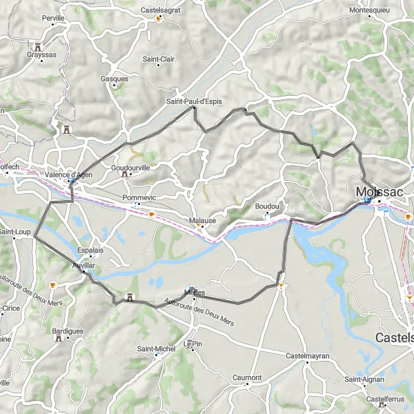 Mapa miniatúra "Z Moissac cez Auvillar a Merles" cyklistická inšpirácia v Midi-Pyrénées, France. Vygenerované cyklistickým plánovačom trás Tarmacs.app