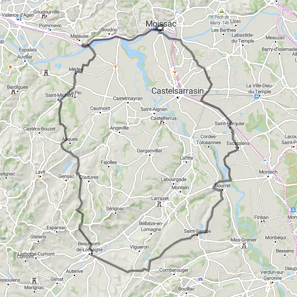 Karten-Miniaturansicht der Radinspiration "Hügelige Road-Tour durch die Landschaft um Moissac" in Midi-Pyrénées, France. Erstellt vom Tarmacs.app-Routenplaner für Radtouren