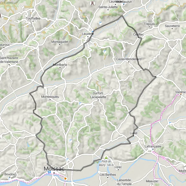 Map miniature of "Journey through Medieval History: Exploring Lauzerte and Lunel" cycling inspiration in Midi-Pyrénées, France. Generated by Tarmacs.app cycling route planner